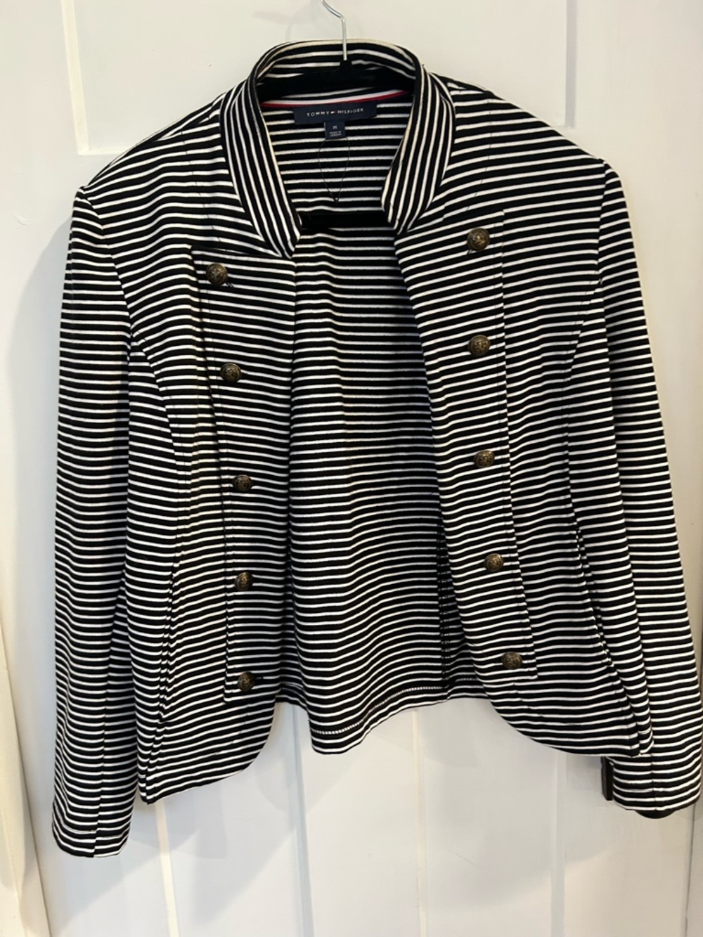 Tommy Hilfiger Black and White Striped Military-Style Blazer